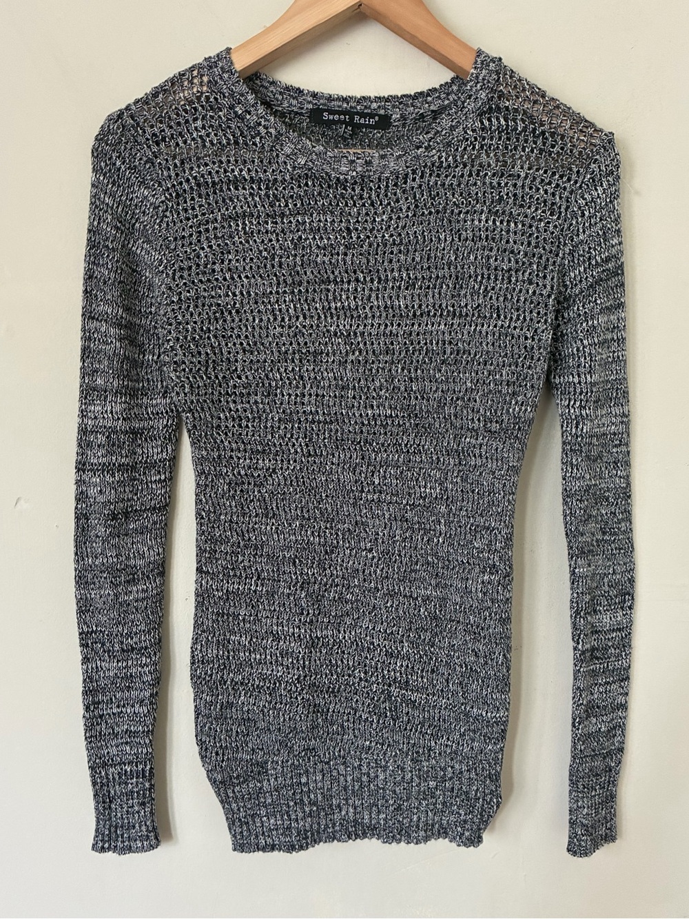 Sweet Rain Women Marled Knit Sweater Black White Long Sleeve Crew Neck M Neutral